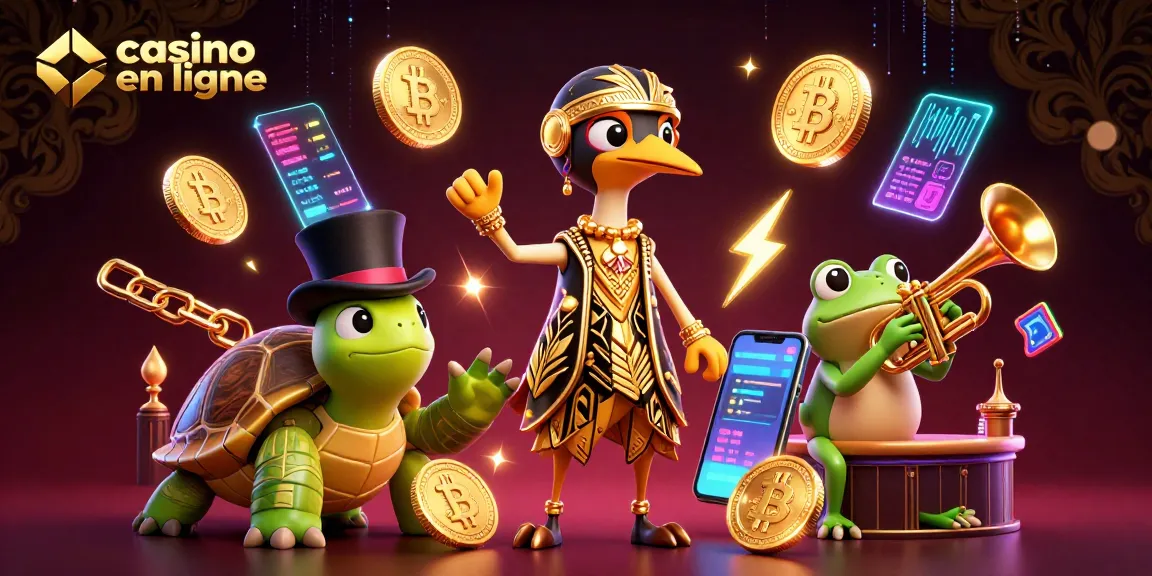 Découvrez un casino en ligne vibrant avec une grenouille jouant de la trompette et une tortue en haut de forme.