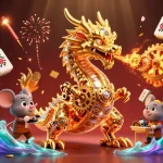 Casino en ligne - Illustration dynamique d'un dragon doré mécanique avec des éléments de jeu flottants.