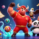 Visualisez le monde captivant du casino en ligne avec un bull mascotte et des éléments vibrants, illustrant des jeux de loterie.