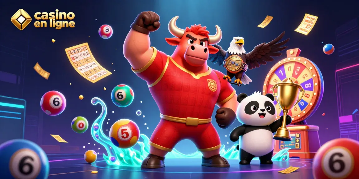 Visualisez le monde captivant du casino en ligne avec un bull mascotte et des éléments vibrants, illustrant des jeux de loterie.