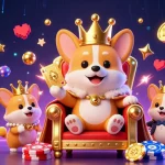 Vivez l'excitation du casino en ligne avec ce corgi royal entouré de jeux colorés et de cartes d'or.