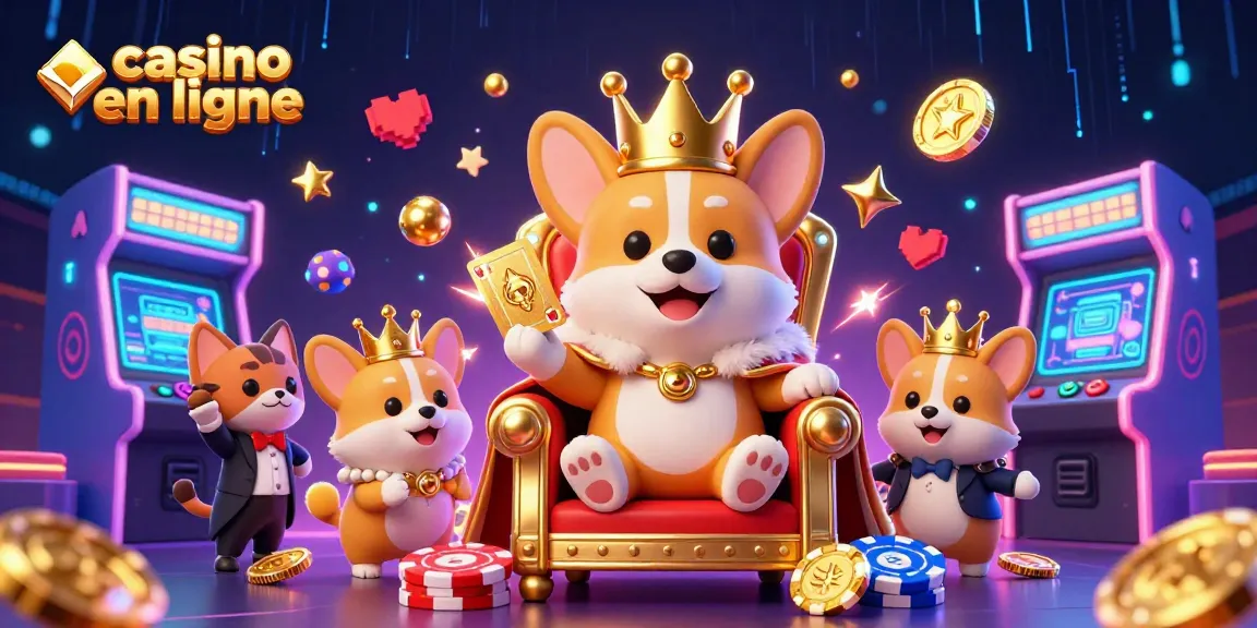 Vivez l'excitation du casino en ligne avec ce corgi royal entouré de jeux colorés et de cartes d'or.