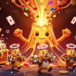 Admirez le volcan d'or éclatant, symbole du casino en ligne, souriant parmi les trésors.