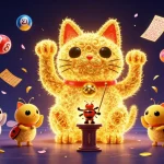 Plongez dans l'univers du casino en ligne avec un chat porte-bonheur constitué de lucioles dorées.