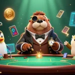 Interagissez dans un casino en ligne avec un morse et un dealer pingouin au poker, ambiance captivante.