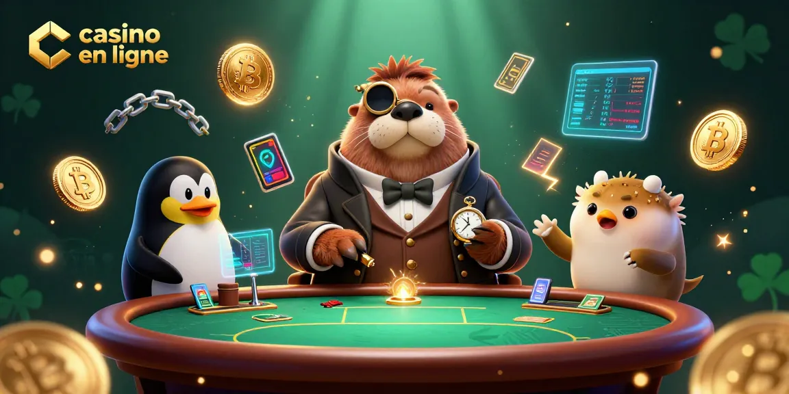 Interagissez dans un casino en ligne avec un morse et un dealer pingouin au poker, ambiance captivante.