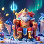 Plongez dans l'univers du casino en ligne avec une illustration captivante représentant le roi Neptune à côté de machines à sous.