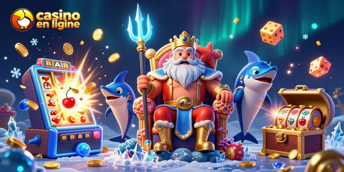 Plongez dans l'univers du casino en ligne avec une illustration captivante représentant le roi Neptune à côté de machines à sous.