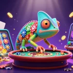 Casino en ligne : illustration dynamique d'un caméléon propriétaire avec des pièces dorées et des jeux de casino.