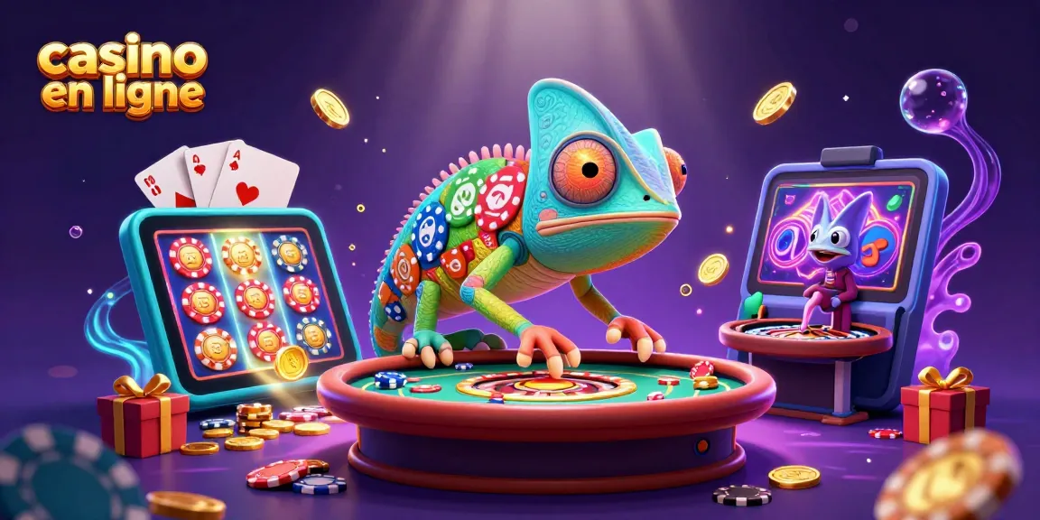 Casino en ligne : illustration dynamique d'un caméléon propriétaire avec des pièces dorées et des jeux de casino.
