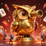 Plongez dans l'univers captivant du casino en ligne avec cette illustration animée de machines à sous, un hibou d'or et de nombreux éléments chanceux.