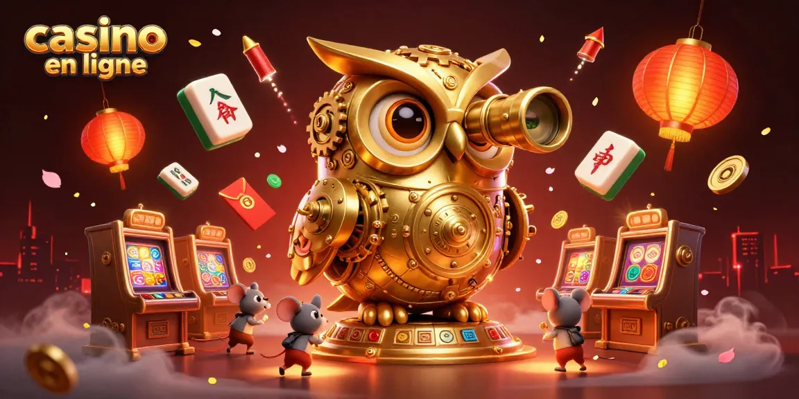 Plongez dans l'univers captivant du casino en ligne avec cette illustration animée de machines à sous, un hibou d'or et de nombreux éléments chanceux.