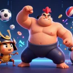 Immergez-vous dans l'univers captivant des jeux de casino en ligne avec une illustration dynamique d'un combat entre un coq sumo et un criquet samouraï.