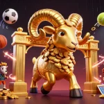 Image captivante présentant un casino en ligne vibrant avec un bélier doré et des éléments sportifs dynamiques.