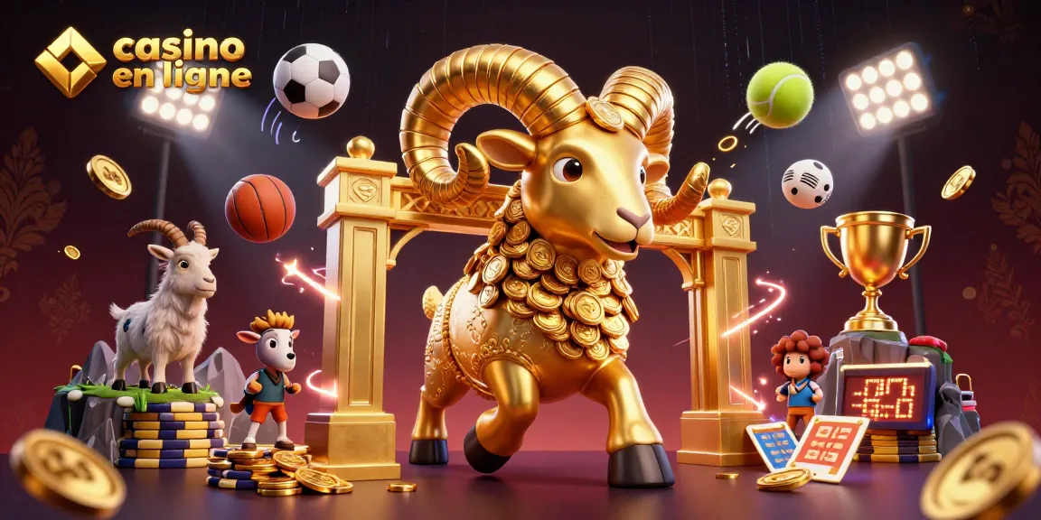 Image captivante présentant un casino en ligne vibrant avec un bélier doré et des éléments sportifs dynamiques.