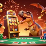 Des jetons de jackpot volent au-dessus d'un casino en ligne, avec un dinosaure et un gérant inquiet.