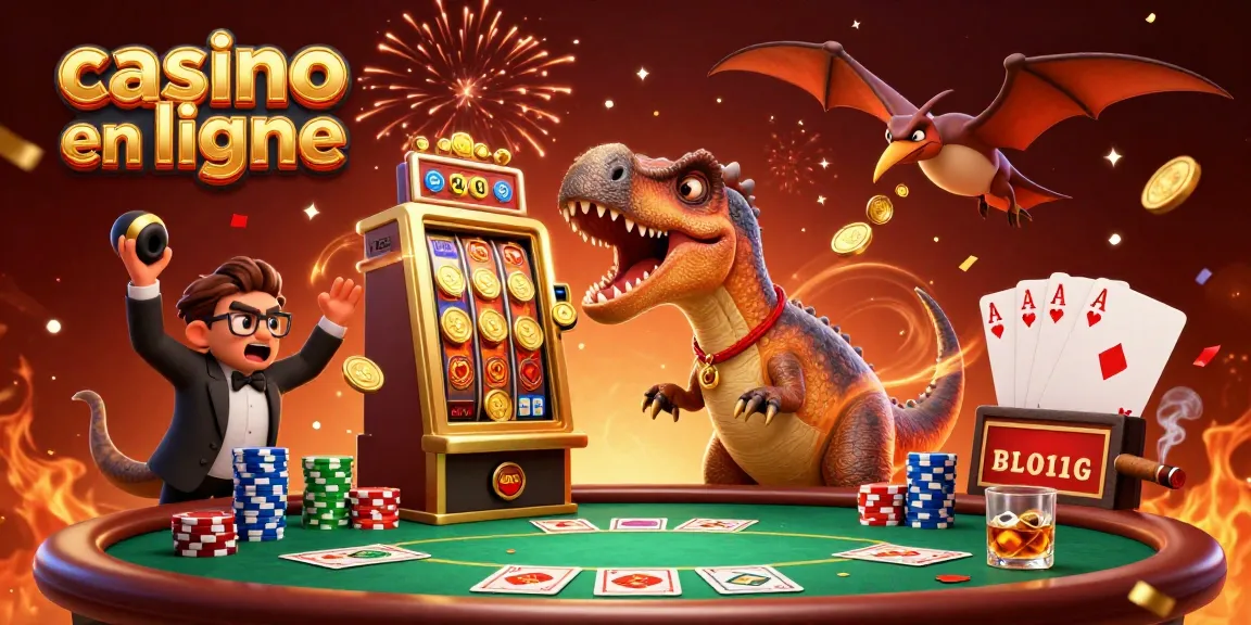 Des jetons de jackpot volent au-dessus d'un casino en ligne, avec un dinosaure et un gérant inquiet.