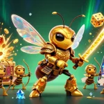 Visualiser le monde du casino en ligne avec une scène dynamique d'un énorme frelon en armure samouraï et des archers abeilles.