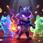 Découvrez la magie du crypto casino avec des loups spectrales entourés de pièces virtuelles et de feux d'artifice.