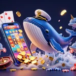 Plongez dans le monde du casino en ligne avec cette illustration d'un couple de créatures marines et des éléments de jeux captivants.