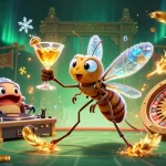 オンラインカジノ ルーレットで盛り上がるシーン、カジノの象徴的なキャラクター達が集結