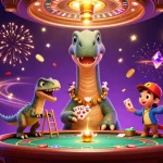 Jouez au casino en ligne avec un brontosaurus géant, des jeux de cartes et des jetons colorés