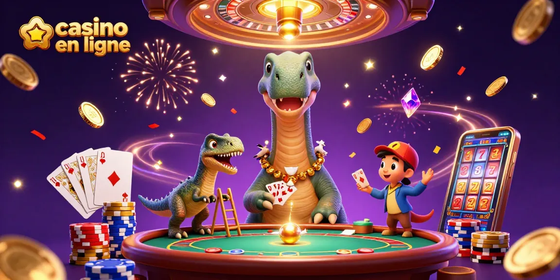 Jouez au casino en ligne avec un brontosaurus géant, des jeux de cartes et des jetons colorés