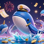 Illustration dynamique de casino en ligne avec des personnages marins, des éléments de loterie et des effets festifs.