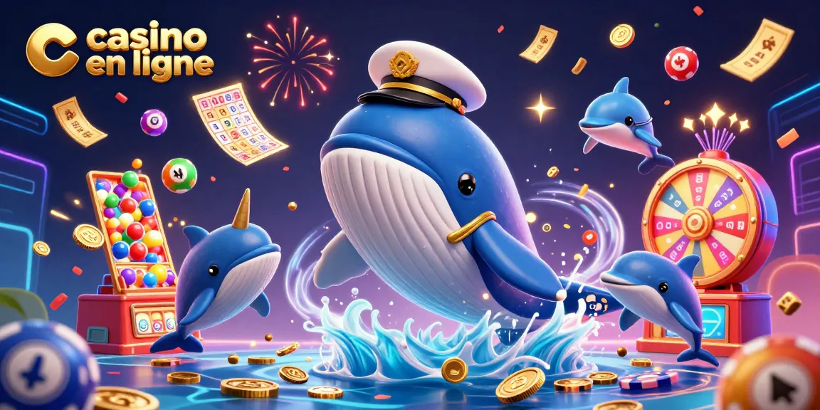 Illustration dynamique de casino en ligne avec des personnages marins, des éléments de loterie et des effets festifs.