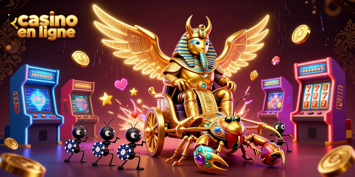 Jouer au casino en ligne avec un scarabée doré et des scorpions dans un décor vibrant.