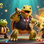Jouez à des jeux de casino en ligne avec une illustration colorée incluant une tortue et des grenouilles.
