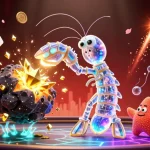 UU666 showcases a galactic samurai mantis shrimp in a vibrant gambling scene, exploding asteroids into gold.