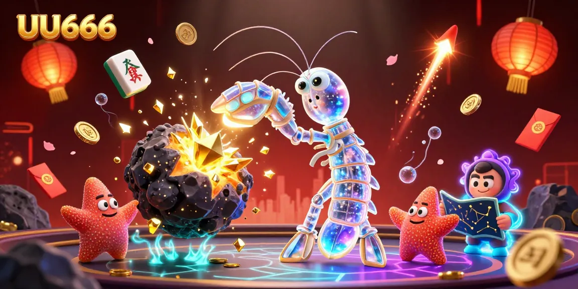 UU666 showcases a galactic samurai mantis shrimp in a vibrant gambling scene, exploding asteroids into gold.