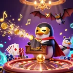 Jouer dans un casino en ligne avec un pingouin fantôme, des pièces d'or et des cartes à jouer éclatantes.