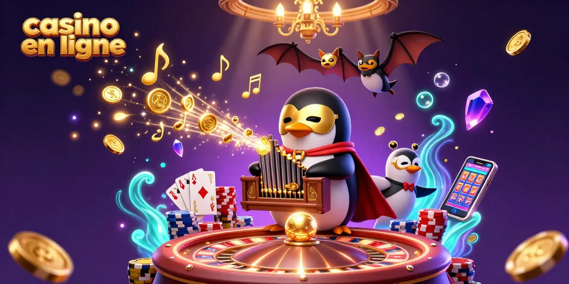 Jouer dans un casino en ligne avec un pingouin fantôme, des pièces d'or et des cartes à jouer éclatantes.