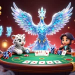 Création captivante d'un phoenix en glace dans un casino en ligne vibrant avec des éléments de poker.