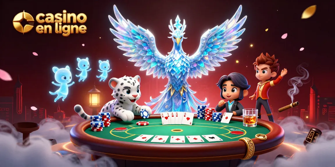 Création captivante d'un phoenix en glace dans un casino en ligne vibrant avec des éléments de poker.