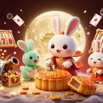 Illustration d'un casino en ligne avec un lapin de lune, des jetons et des éléments de jeu scintillants.