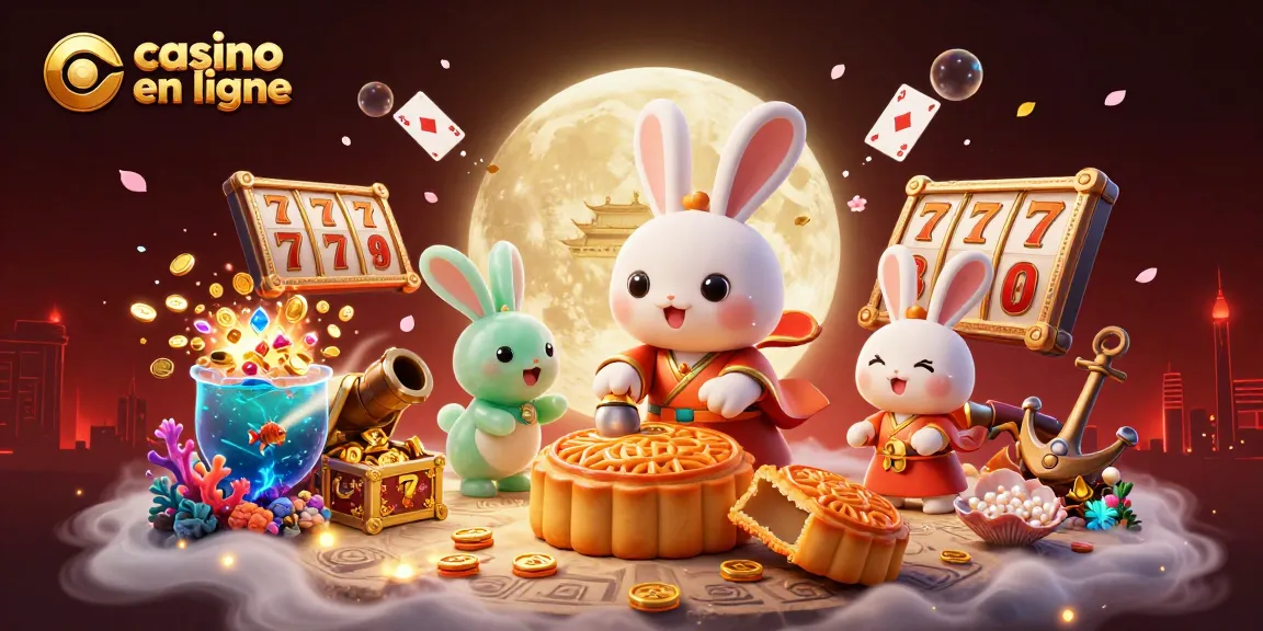 Illustration d'un casino en ligne avec un lapin de lune, des jetons et des éléments de jeu scintillants.