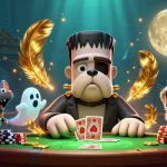 Le bulldog Frankenstein et le chat-garou jouent aux cartes au casino en ligne avec des pièces d'or flottantes.