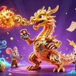 Jouez au casino en ligne avec un dragon doré et des boules de loterie colorées.