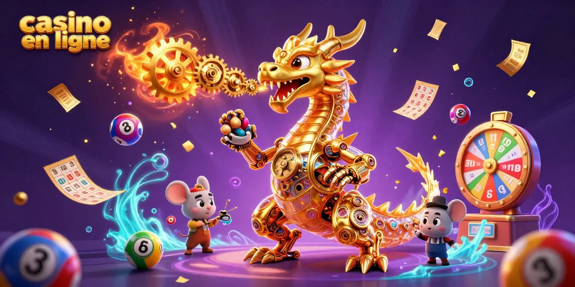 Jouez au casino en ligne avec un dragon doré et des boules de loterie colorées.