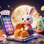 Illustration dynamique sur le thème du casino en ligne, représentant un lapin de lune et des jetons de poker.